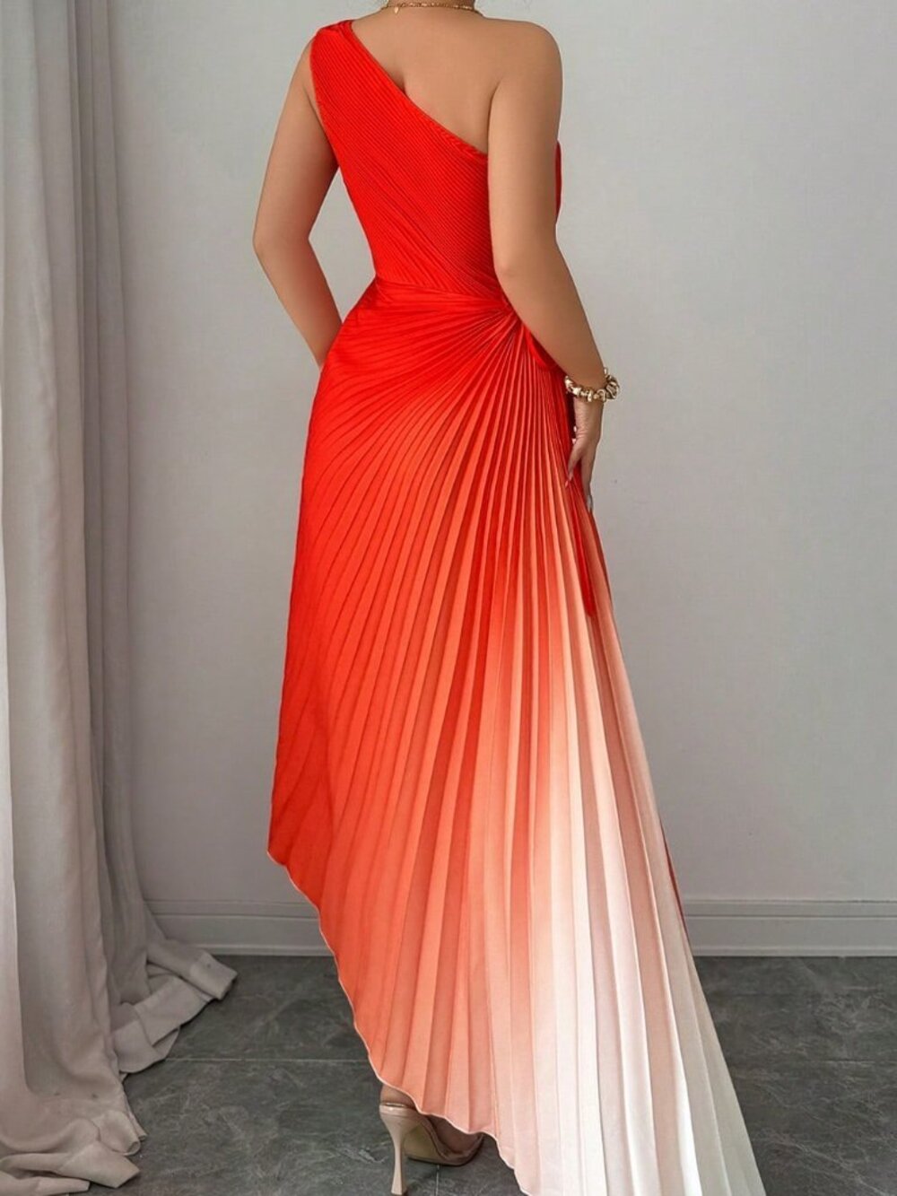 Orange Elegant Women's Sleeveless Asymmetric Neck Pleated Ombre Dress - Picture 2 of 4